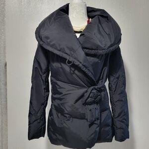 Dana Buchman Women's Puffer Coat Jacket Warp Front Zip, Flowers Tie, Sz M Black